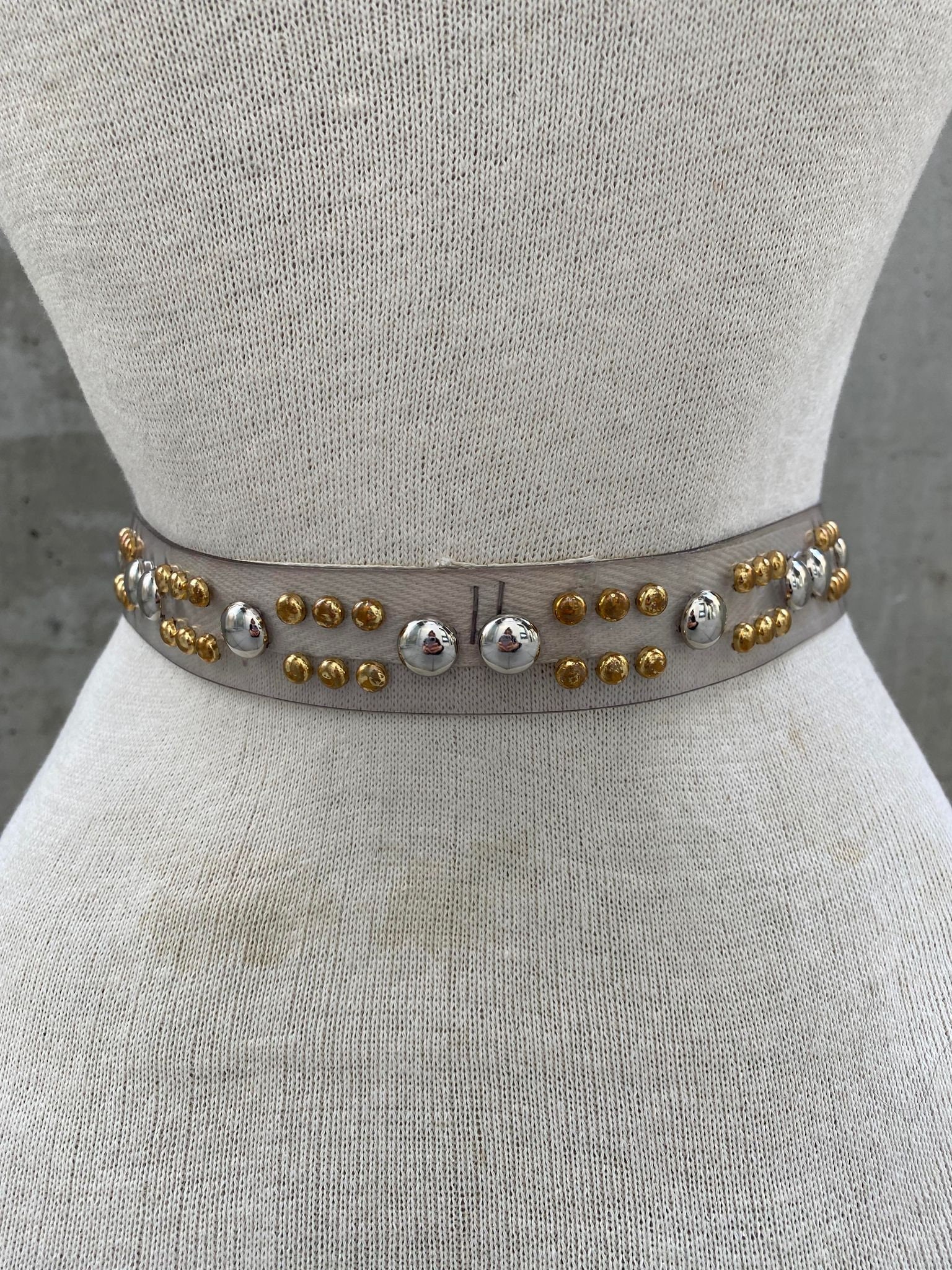 Vintage Clear Plastic Belt, 80s Acrylic Studded Belt, Gold  display picture 1