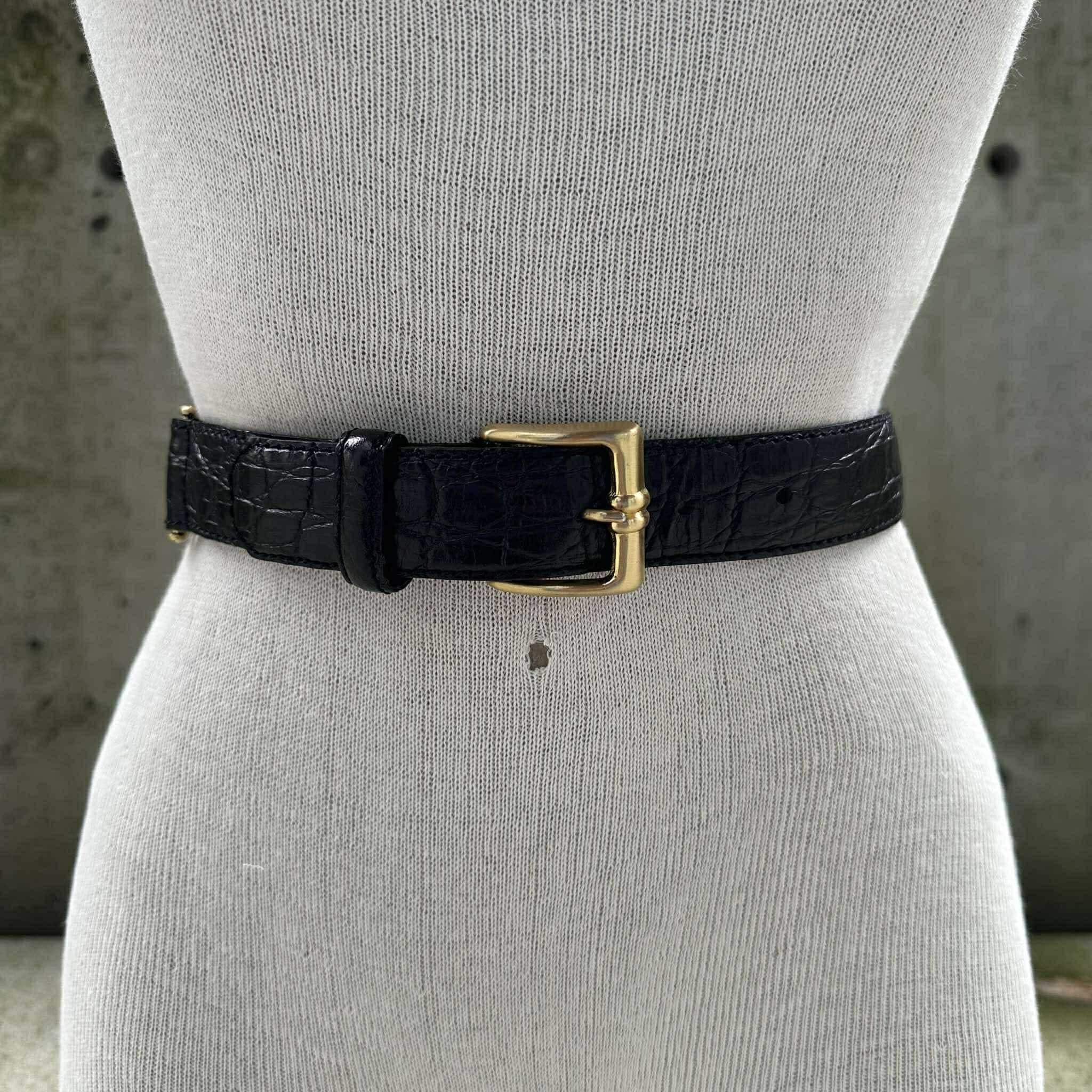 90s Liz Claiborne Black Genuine Leather Belt, Gold Tone 