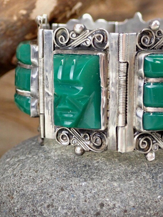 40s Mexican Sterling Silver Bracelet, Green Onyx Carved Face 40s Mexican Sterling Silver Bracelet, Green Onyx Carved Face