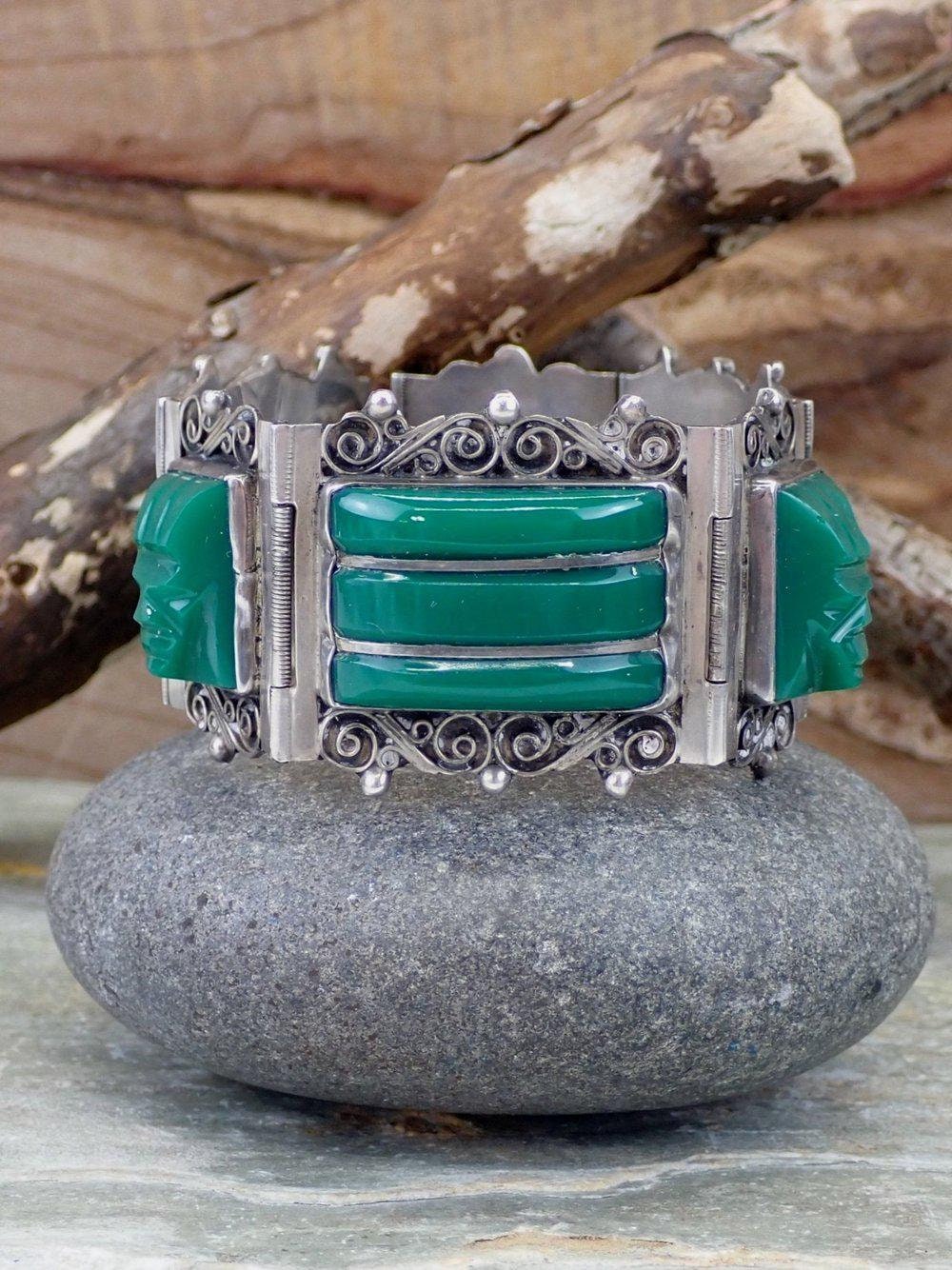40s Mexican Sterling Silver Bracelet, Green Onyx Carved Face 40s Mexican Sterling Silver Bracelet, Green Onyx Carved Face