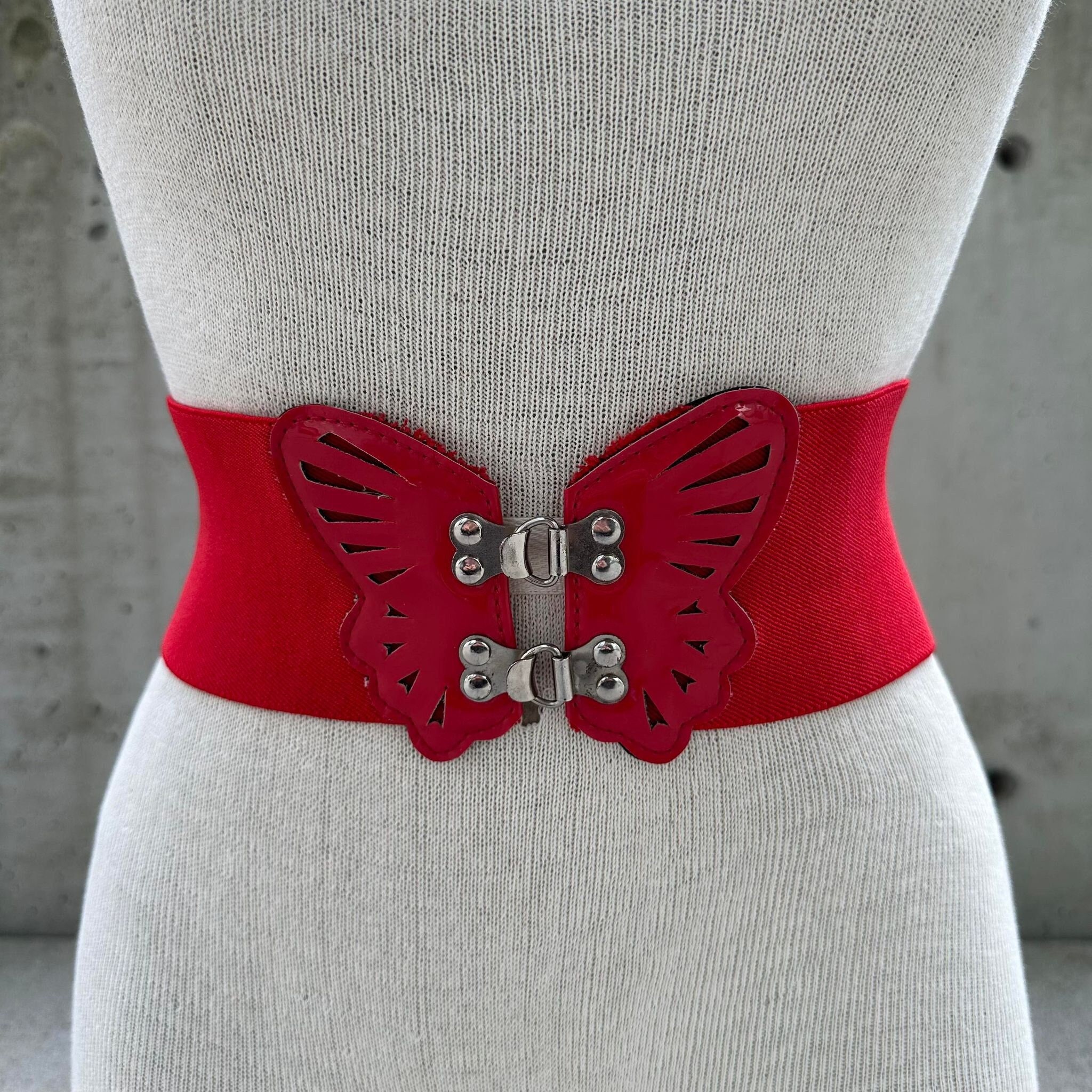 Vintage 80s Red Wide Elastic Belt, Red Wet Look Butterfly