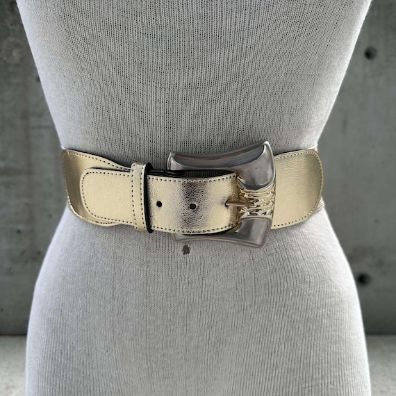 80s Gold Tone Elastic Wide Belt, Vintage Faux Leather Tabs  display picture 3