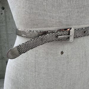 Peut inclure: Une ceinture en maille argent&eacute;e avec une boucle rectangulaire et une pointe assortie. La ceinture est pr&eacute;sent&eacute;e sur un mannequin, mettant en valeur son design tiss&eacute; et son &eacute;clat m&eacute;tallique. Un accessoire &eacute;l&eacute;gant.