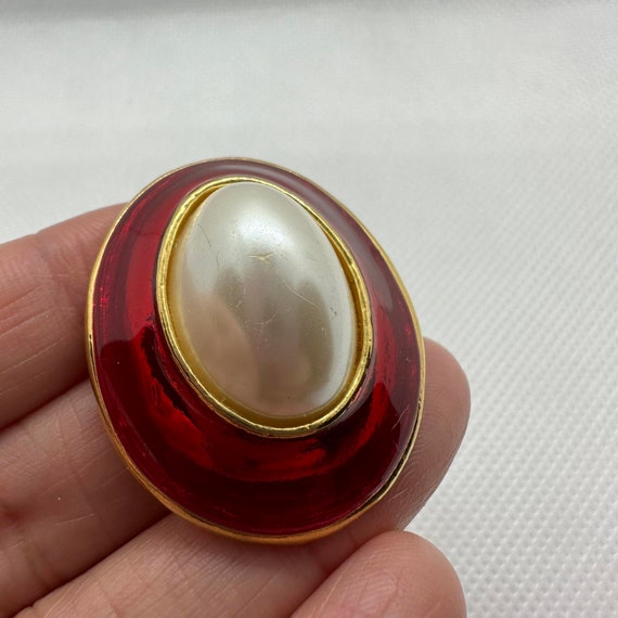 Vintage large oval statement earrings, red enamel… - image 7