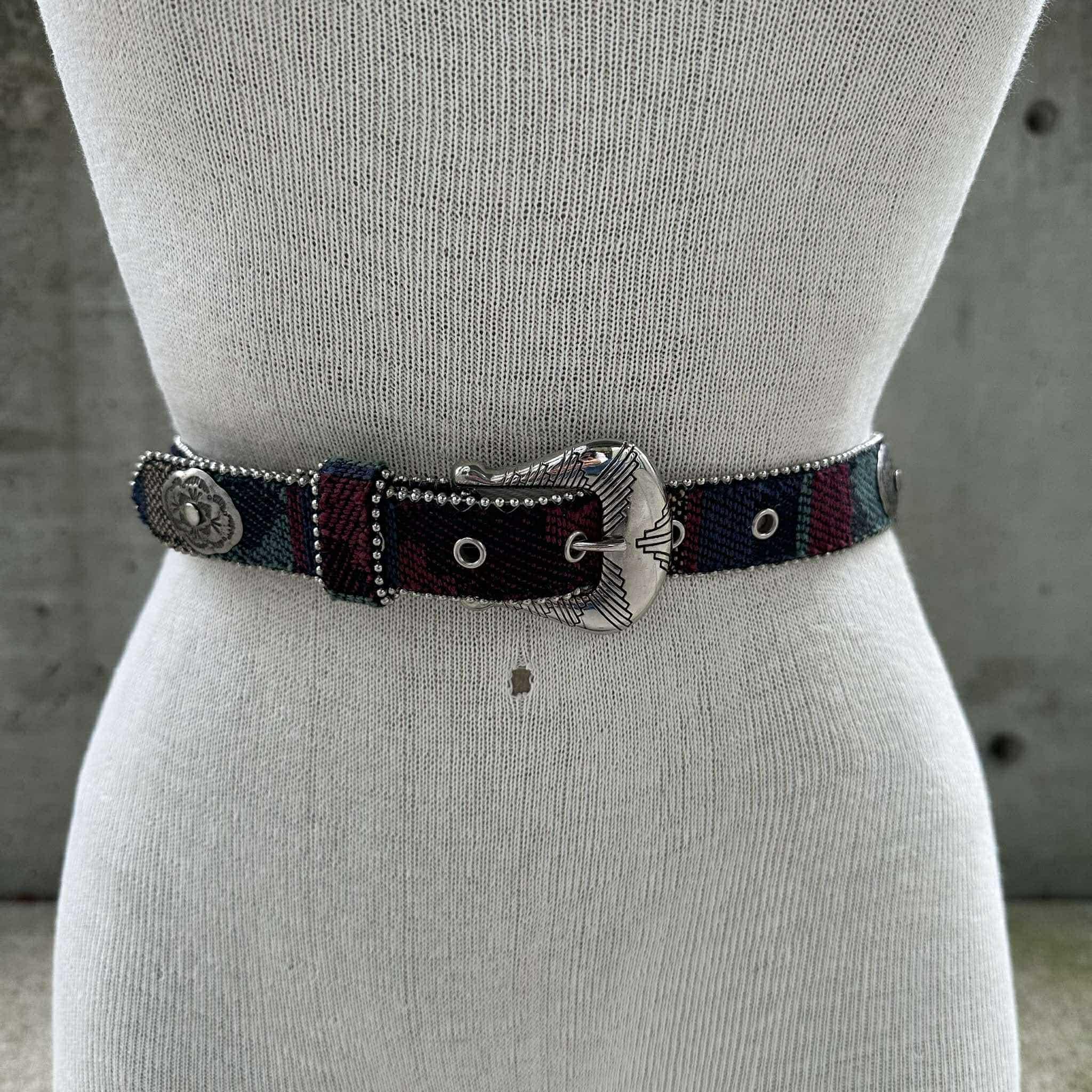 Vintage Elite Fresno California belt, 90s western woven belt, engraved silver tone conchos and buckle, boho cowgirl rodeo southwestern style