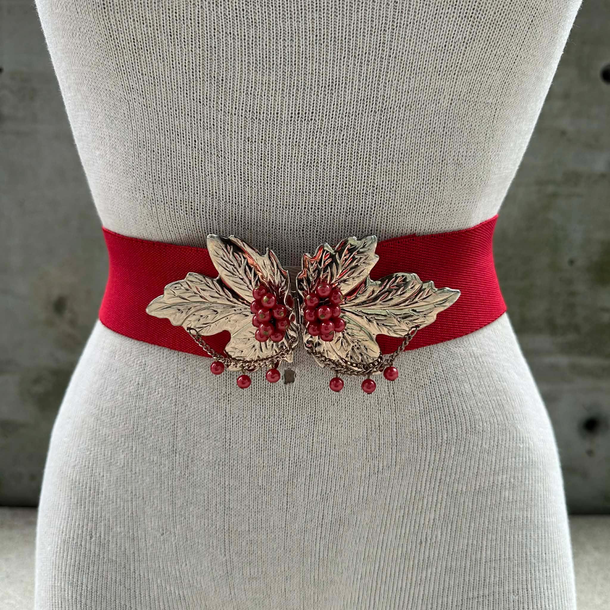 VTG Red Stretch Statement Belt Gold Knot Buckle S Maximalist Dopamine Glam 80s NOS 80s Red Leather Belt, Gold and Silver Tone Buckle  main image 2