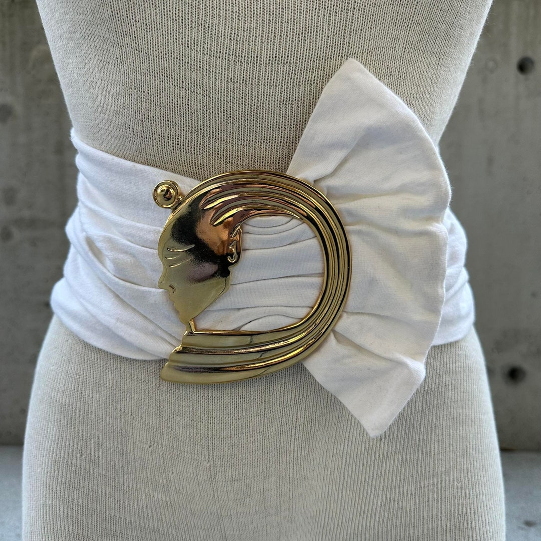 80s off White Wide Belt Vintage Fabric Belt Gold Tone Chunky Etsy