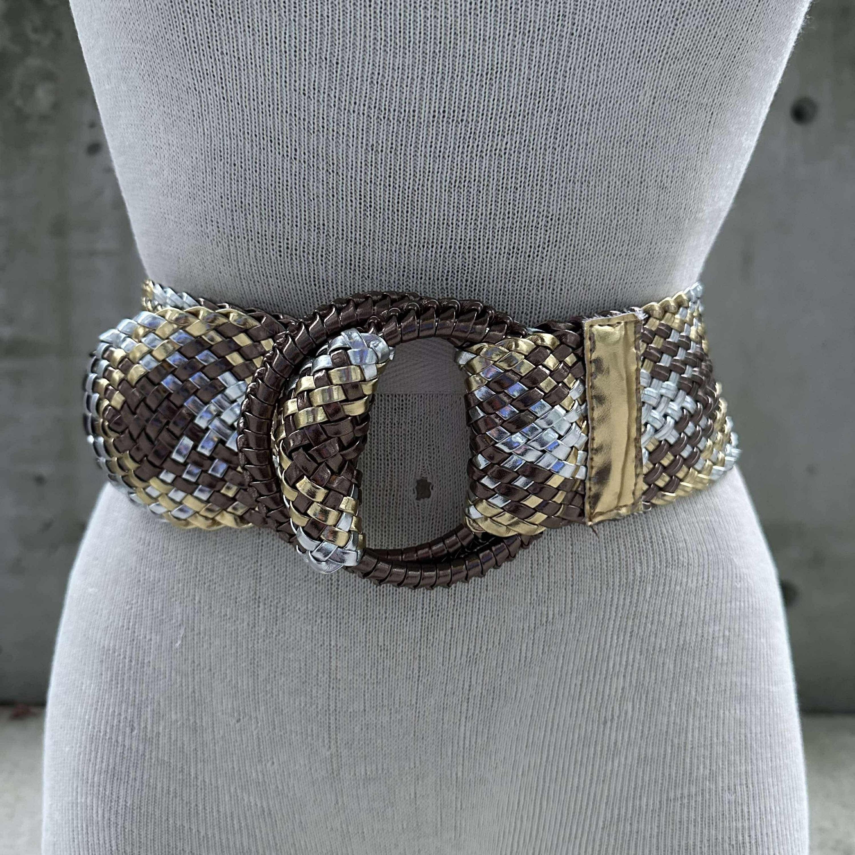 Vintage Wide Braided Belt, Bronze Gold and Silver Tone High 