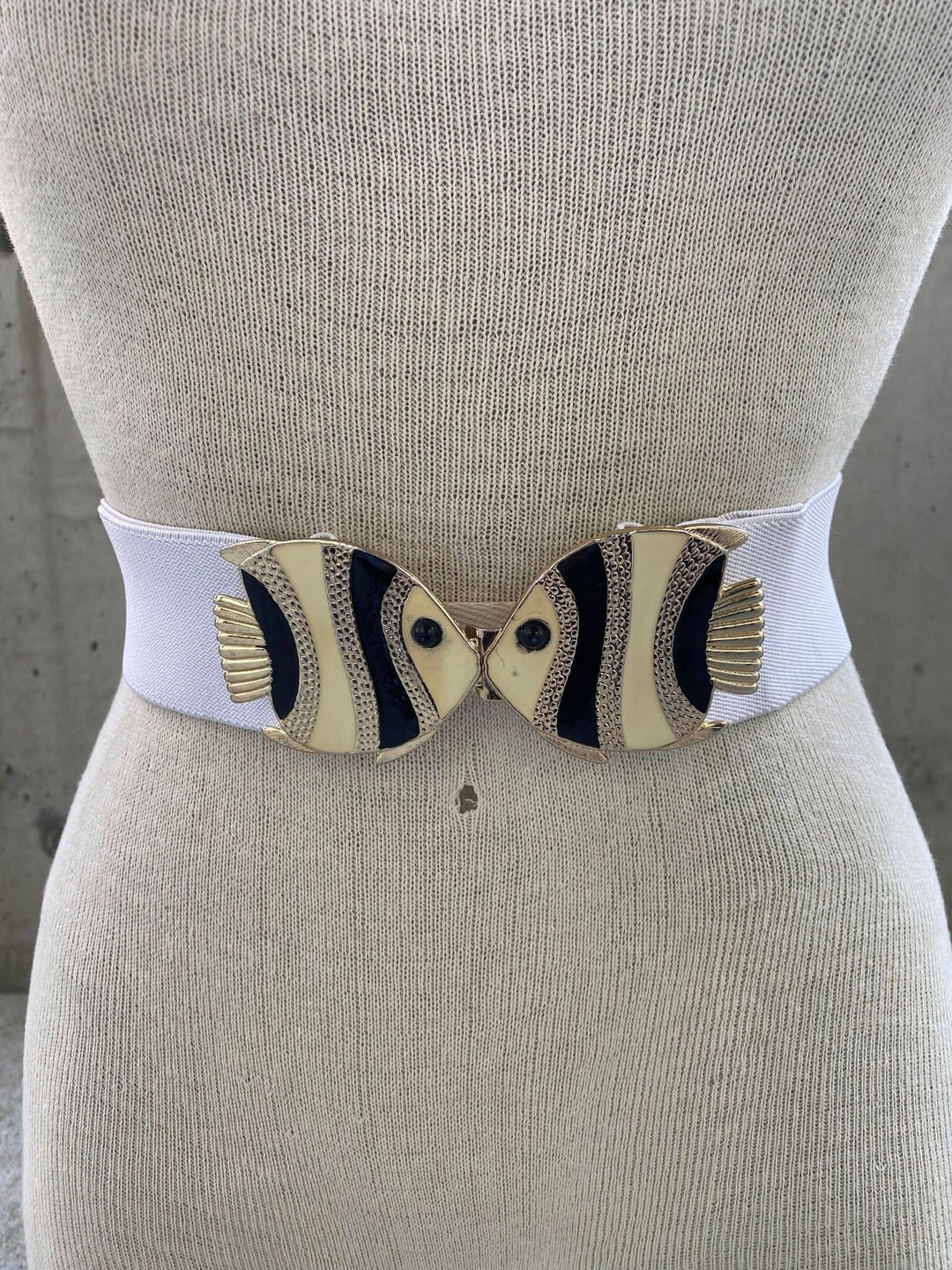 80s Kissing Fish Enamel Buckle Belt, Vintage off White Elastic