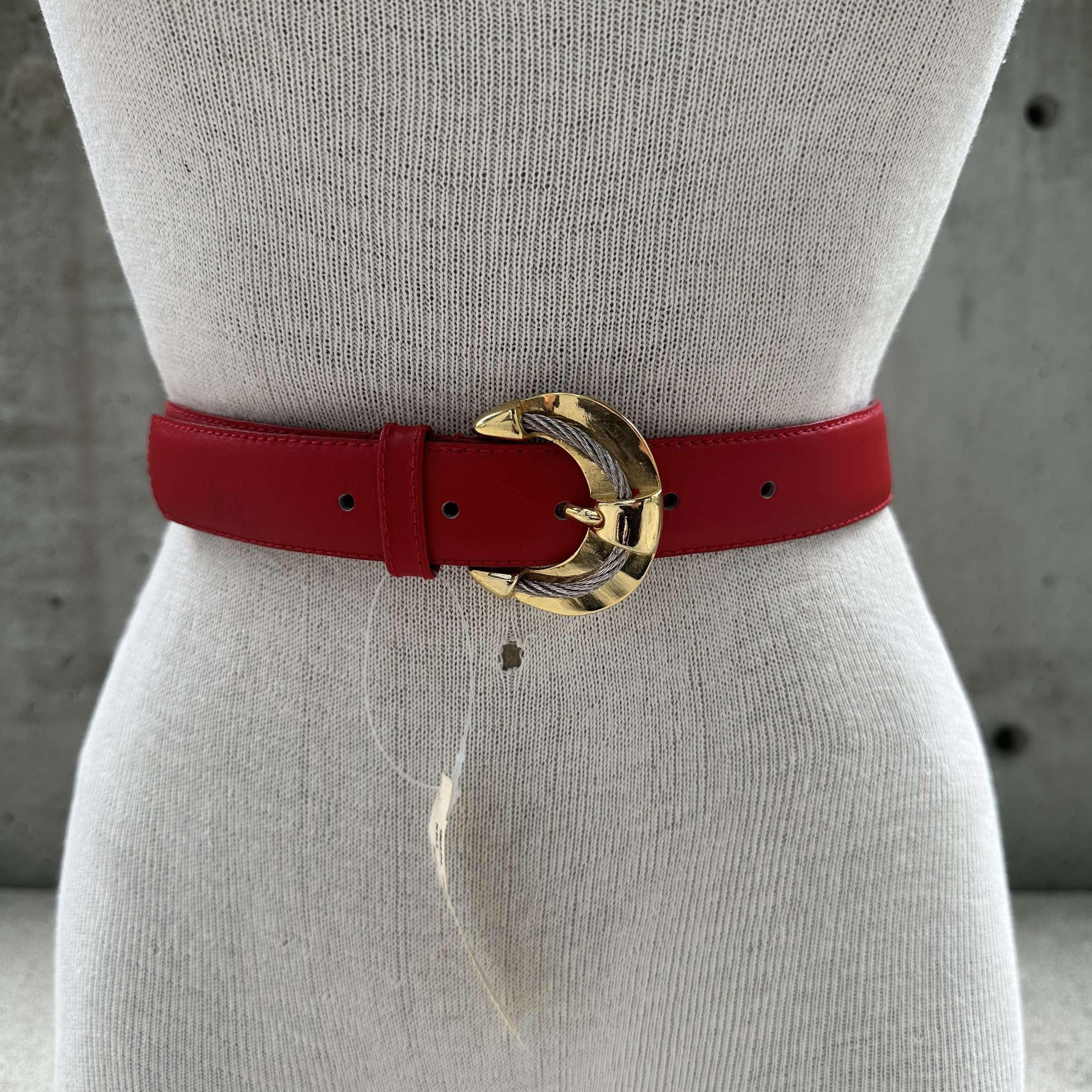 NOS 80s Red Leather Belt, Gold and Silver Tone Buckle 