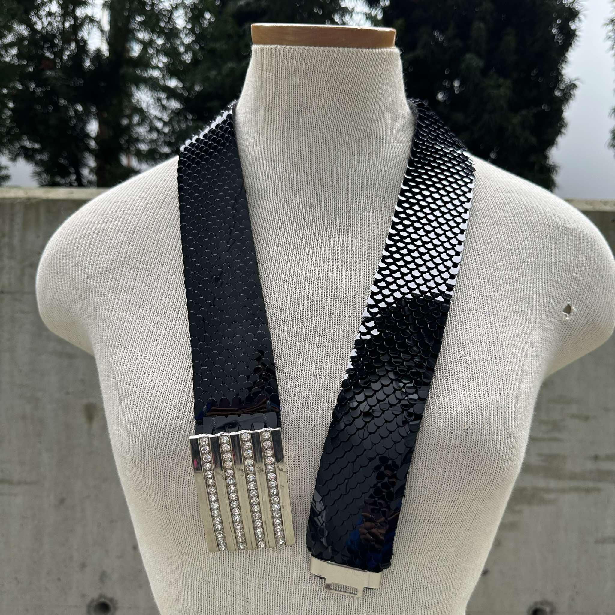 1970’s Vintage Fish Scale Elastic Belt with large Oval Clear Rhinestone’… Vintage 70s Fish Scale Belt, Black Mermaid Tail Waistband  main image 2