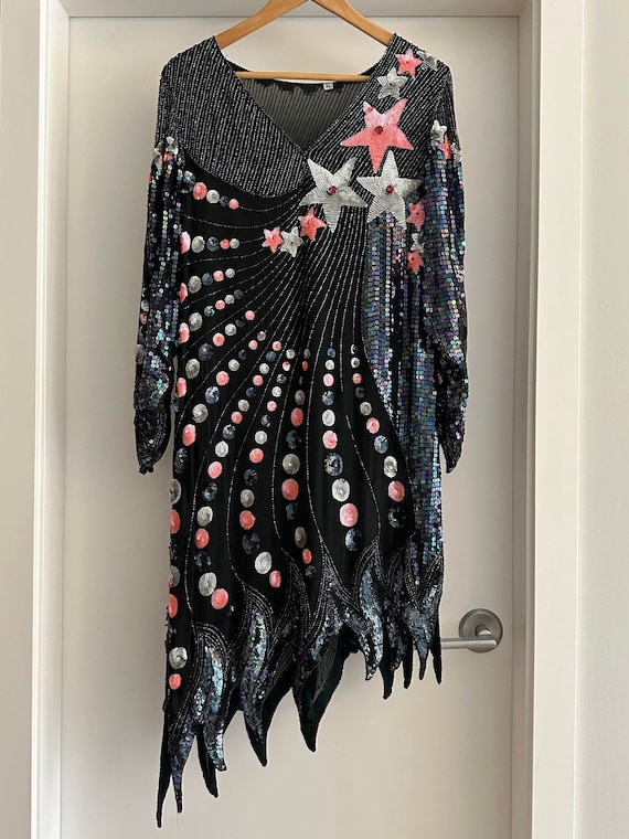 80s Beaded Sequin Black Silk Dress, Asymmetrical Beaded Dress, Celestial Cosmos Fashion, Pink and Silver Stars, Maximalist Stage Fashion