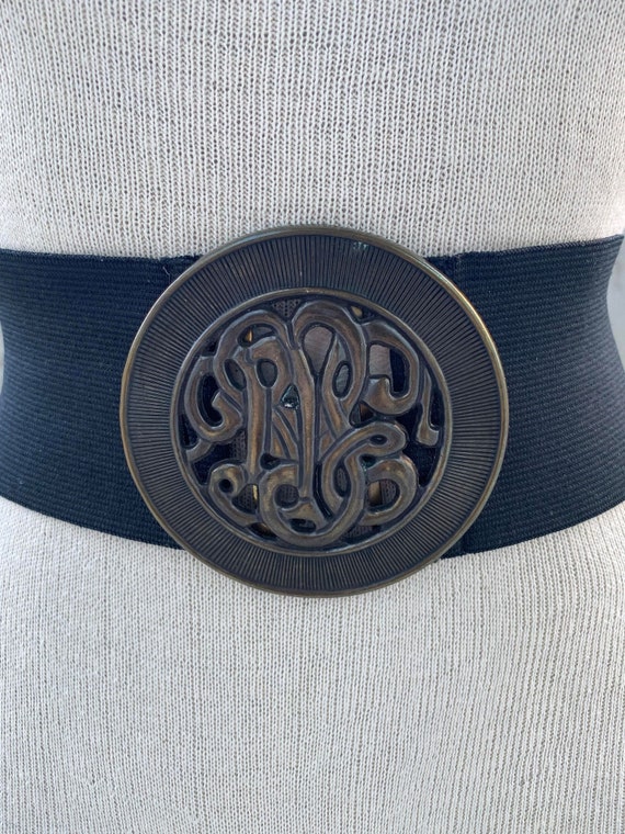 Vintage black elastic belt, 80s wide stretch belt… - image 2