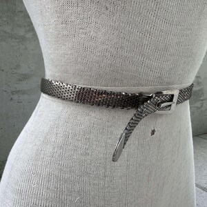 Peut inclure: Une ceinture en m&eacute;tal argent&eacute; avec un motif en maille et une boucle rectangulaire. La ceinture est pr&eacute;sent&eacute;e sur un mannequin, mettant en valeur son design tiss&eacute; et sa coupe ajustable. La boucle est de style classique.