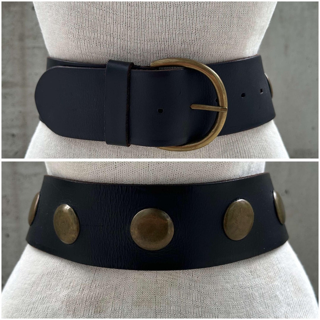 90s Jackpot Wide Dark Brown Leather Belt, Chunky Brass Studs, Boho