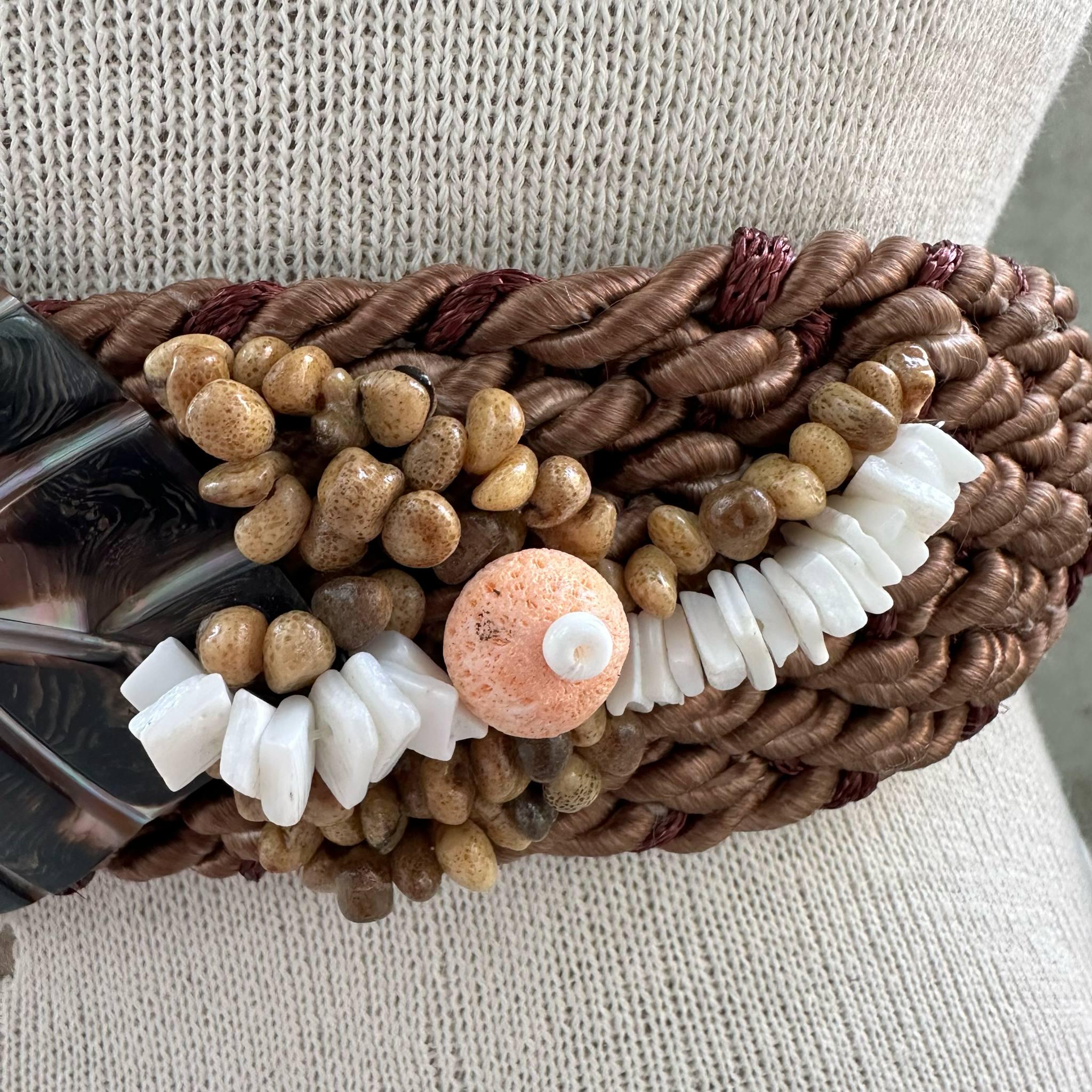 80s Leaf Shell Boho Rope Tie Belt, Brown Twisted Rope 