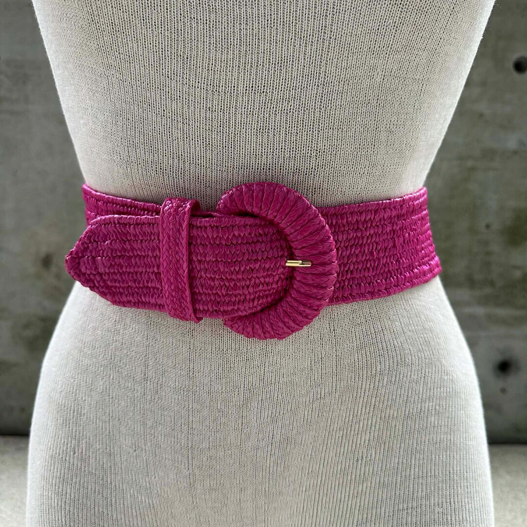 80s Eaton Hot Pink Elasticated Raffia Belt, Wrapped Buckle, Beach Boho ...