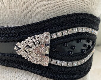 1980s RJ Graziano Black Leather Belt, Austrian Crystals  display picture 3