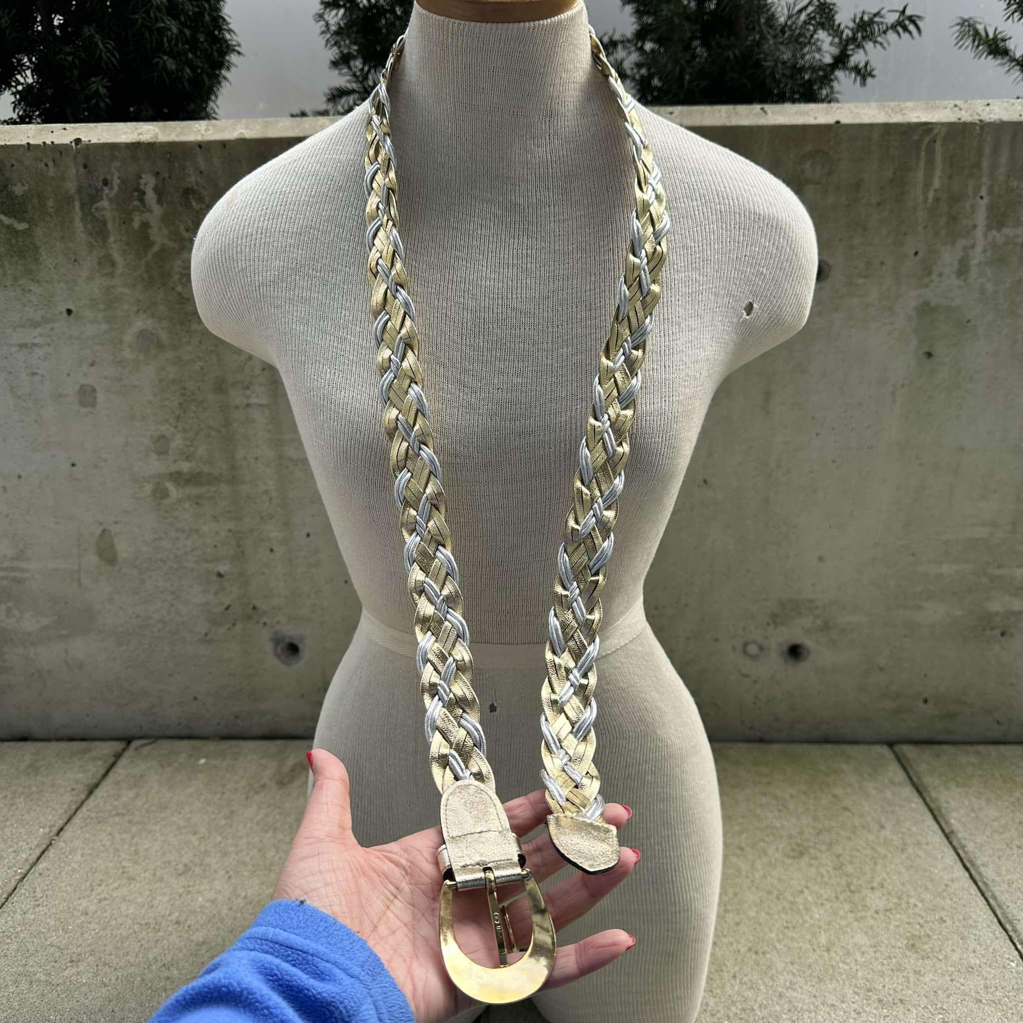 Vintage 90s Gold and Silver Braided Belt, Metallic Statement 