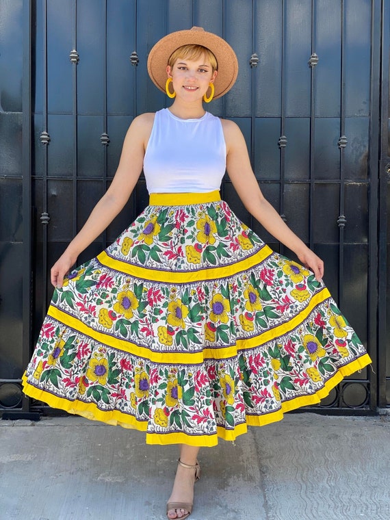 Vintage yellow provencal skirt, souleiado ruffled… - image 1