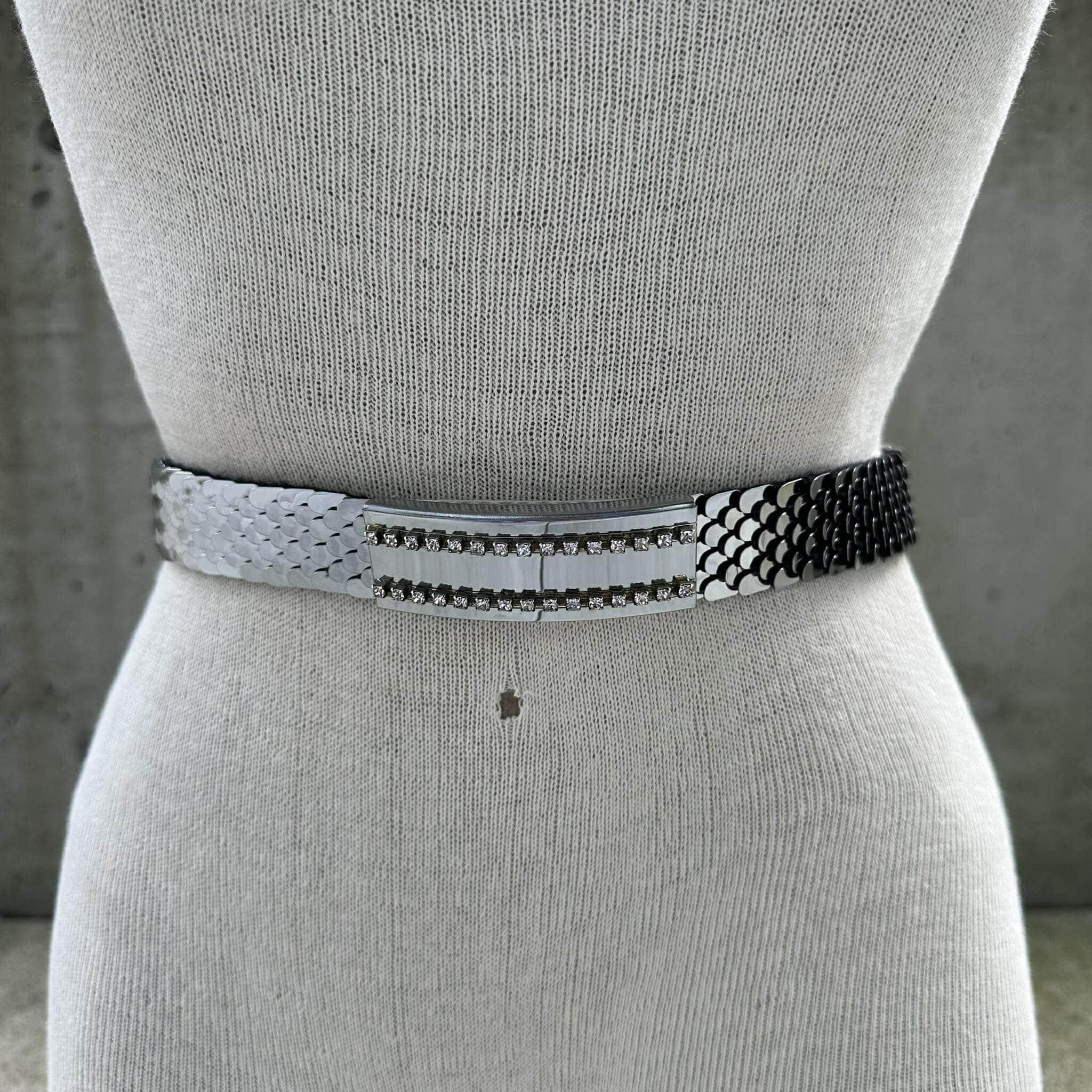 Vintage 80s Silver Fish Scale Stretch Belt, Silver Tone 