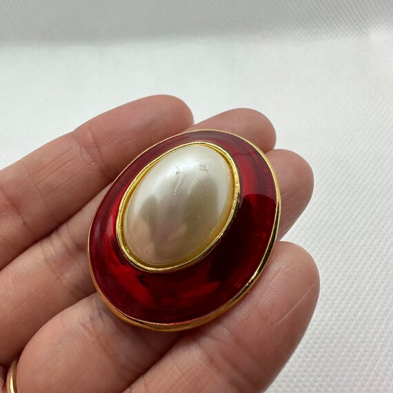 Vintage large oval statement earrings, red enamel… - image 6