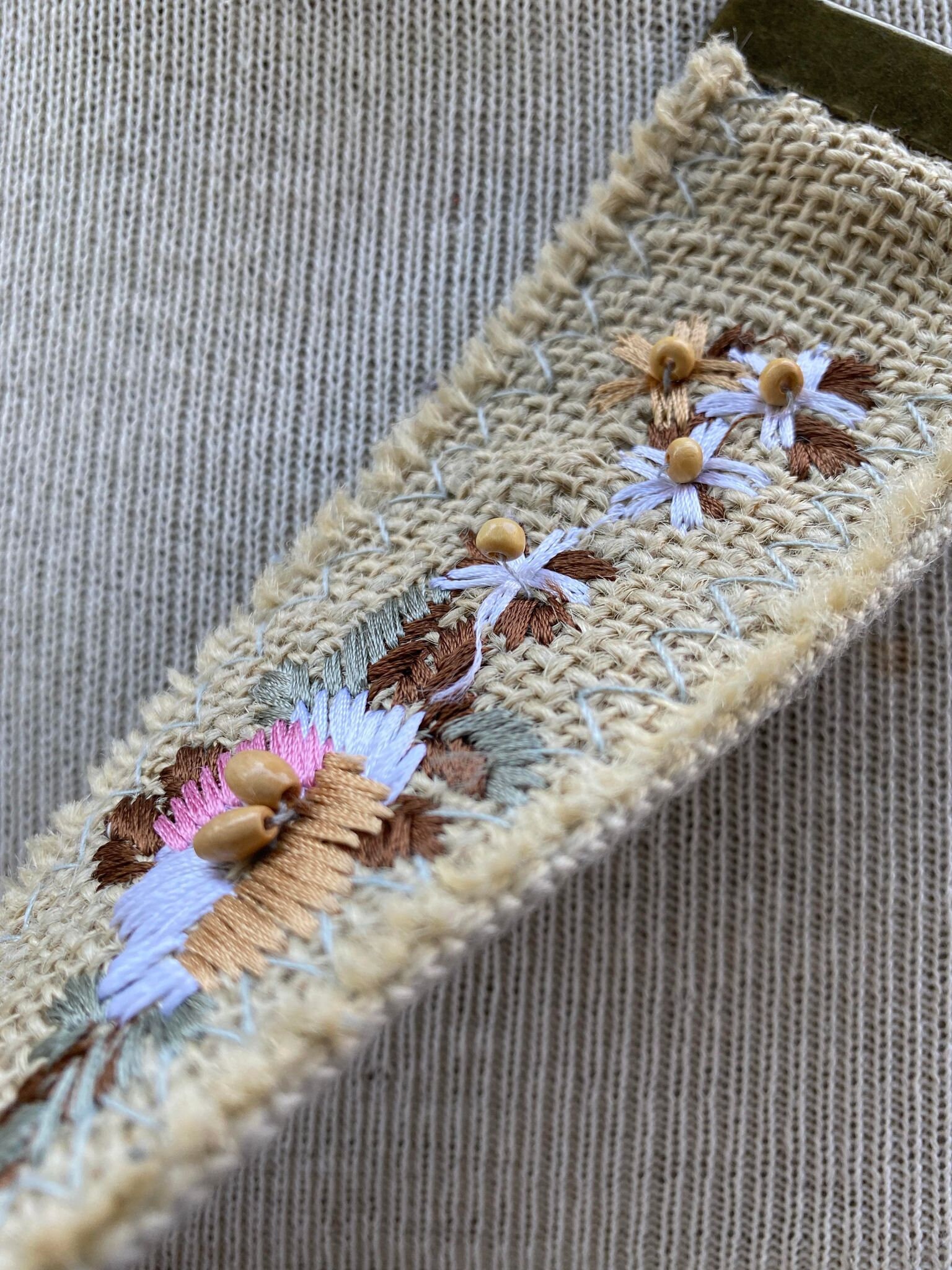 Vintage  embroidery belt, 90s  wide belt, bronze tone eyelets, boho hippie. S-L. Vintage Floral Embroidery Belt, 90s Jute Wide Belt, Bronze  main image 2