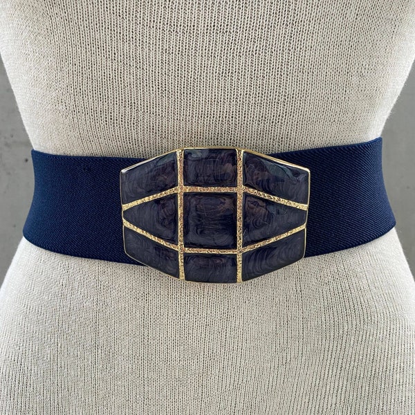 Vintage Day lor navy blue belt with blue and gold swirl enamel buckle, stretch elastic belt with large buckle, 80s wide waist belt, abstract