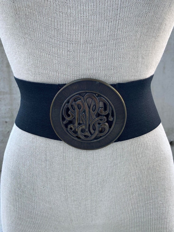 Vintage black elastic belt, 80s wide stretch belt… - image 1
