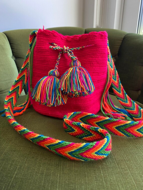 90s bright pink crocheted bag, south american buc… - image 2