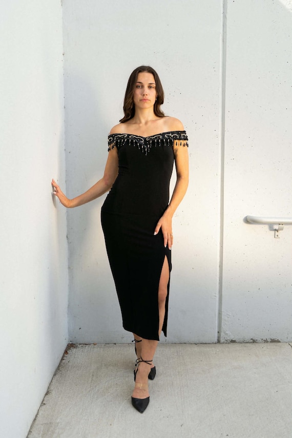 90s Dollar USA dress, Black off the shoulder beaded long dress, elegant evening gown, glitz and glam ball gown, maximalist prom queencore