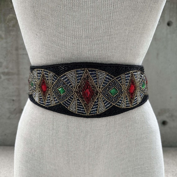 80s Henry Birks belt, vtg art deco beaded cummerbund, red and green faux gems, kaleidoscope pattern, jazz age waistband, multicolor beads