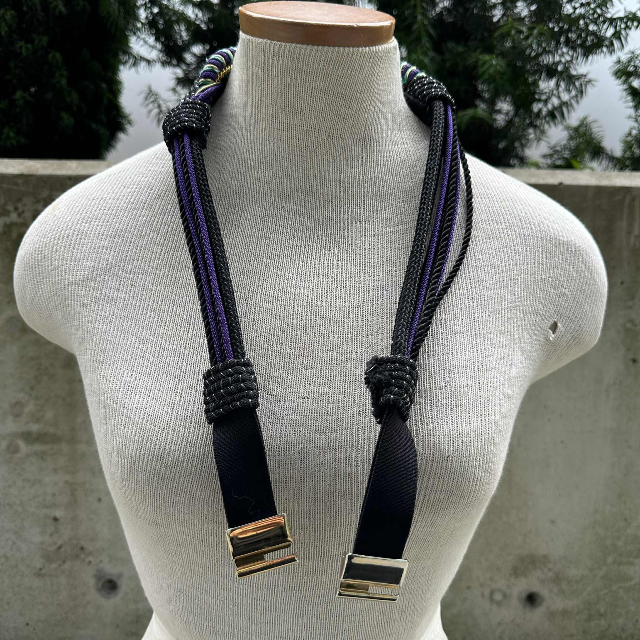 Vintage 80s Gutos Enamel Art Deco Black Blue Gold Braided Rope Stretch Belt M 80s Gutos Braided Rope Belt, Vtg Colorblock Corded Waist  main image 3
