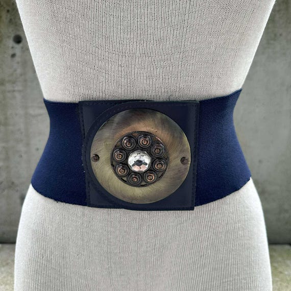 80s Navy Blue Wide Elastic Belt, Rhinestone Bronze Tone  display picture 1