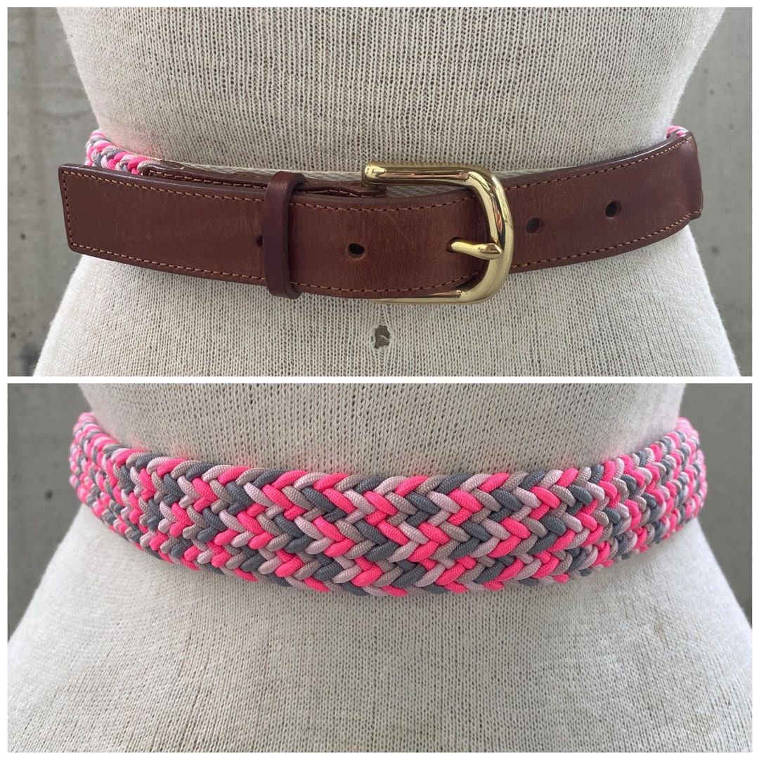 NWT Y2K J Crew braided pink grey woven elastic belt with Leather accents Sz M Y2K J Crew Braided Belt, Pink and Grey Woven Elastic Fabric  main image 4