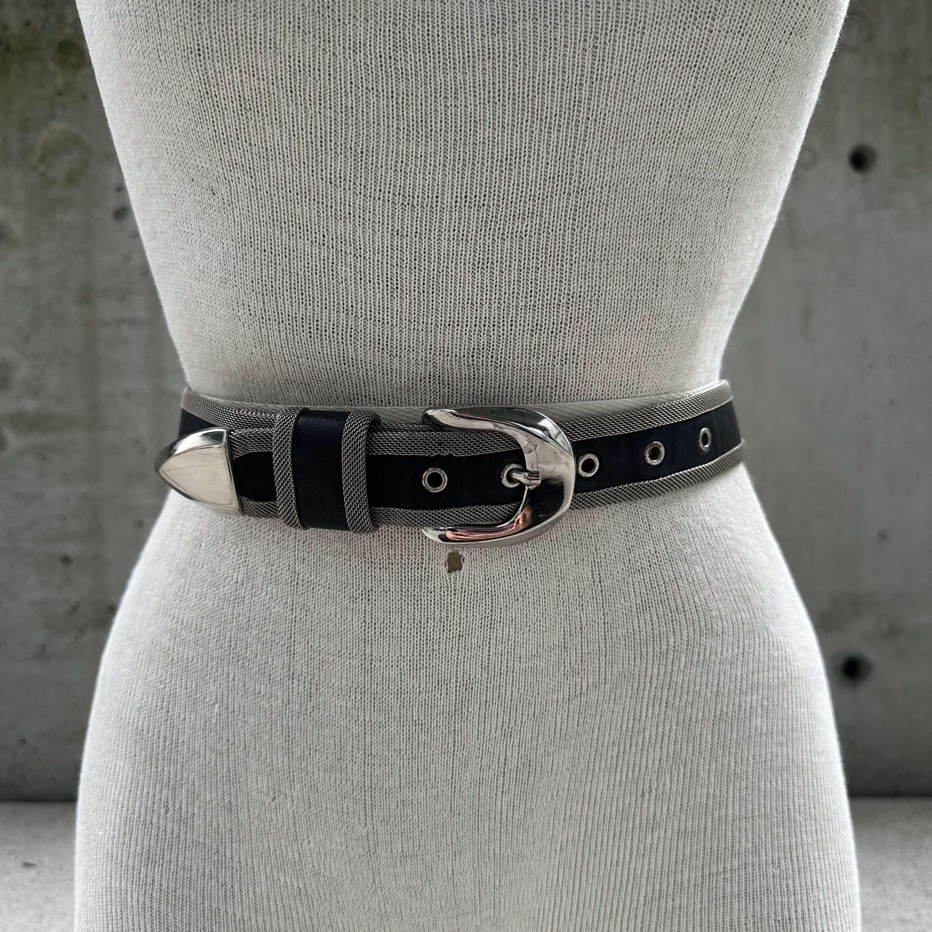 80s Silver Mesh Belt, Silver Tone Buckle and End Tip, Black 80s Silver Mesh Belt, Silver Tone Buckle and End Tip, Black