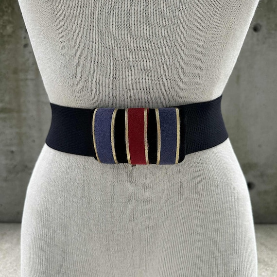 Vintage Black Elastic Belt, 80s Colorblock Suede Rectangular  display picture 1