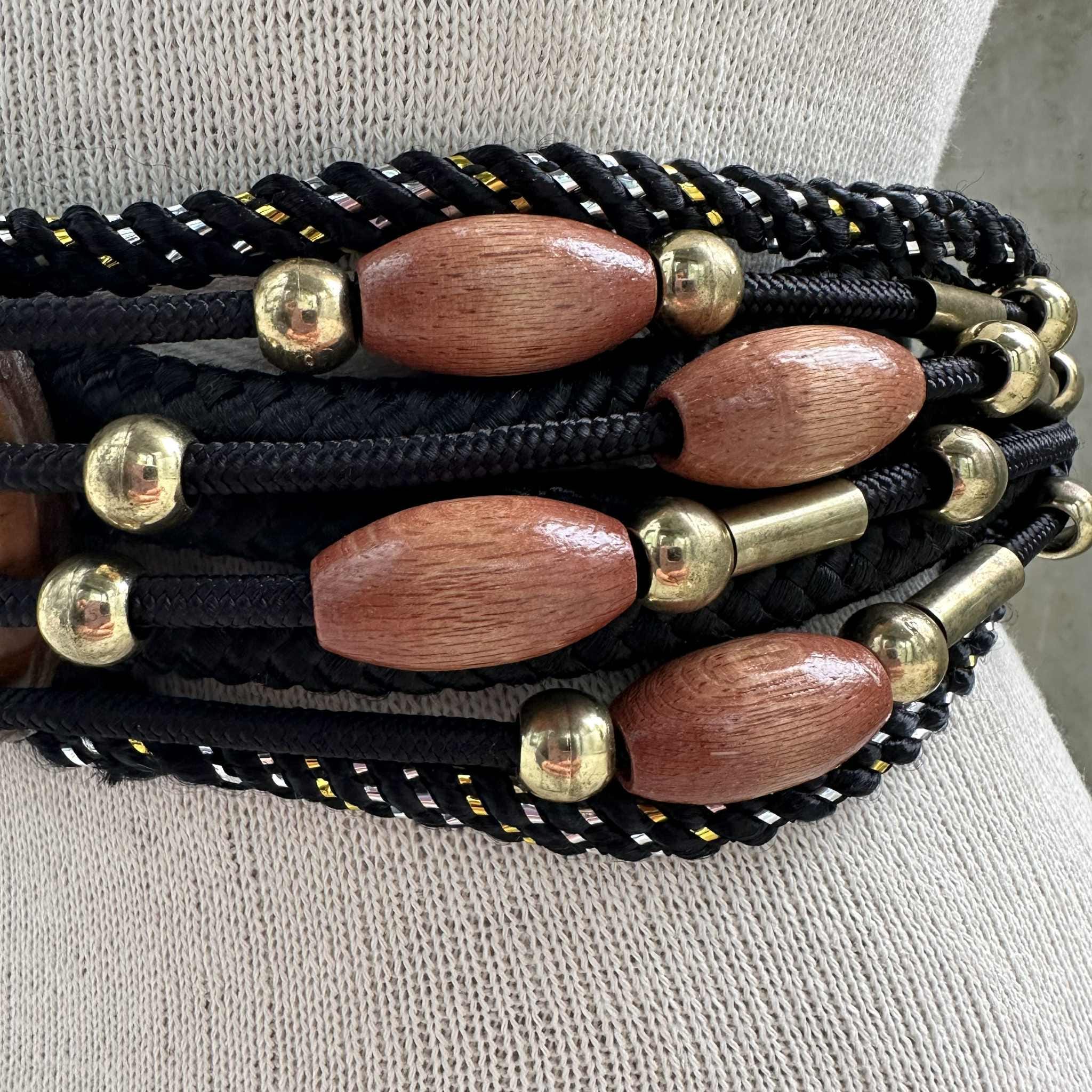 80s Black Boho Rope Belt Embellished With Wooden Beads  display picture 3