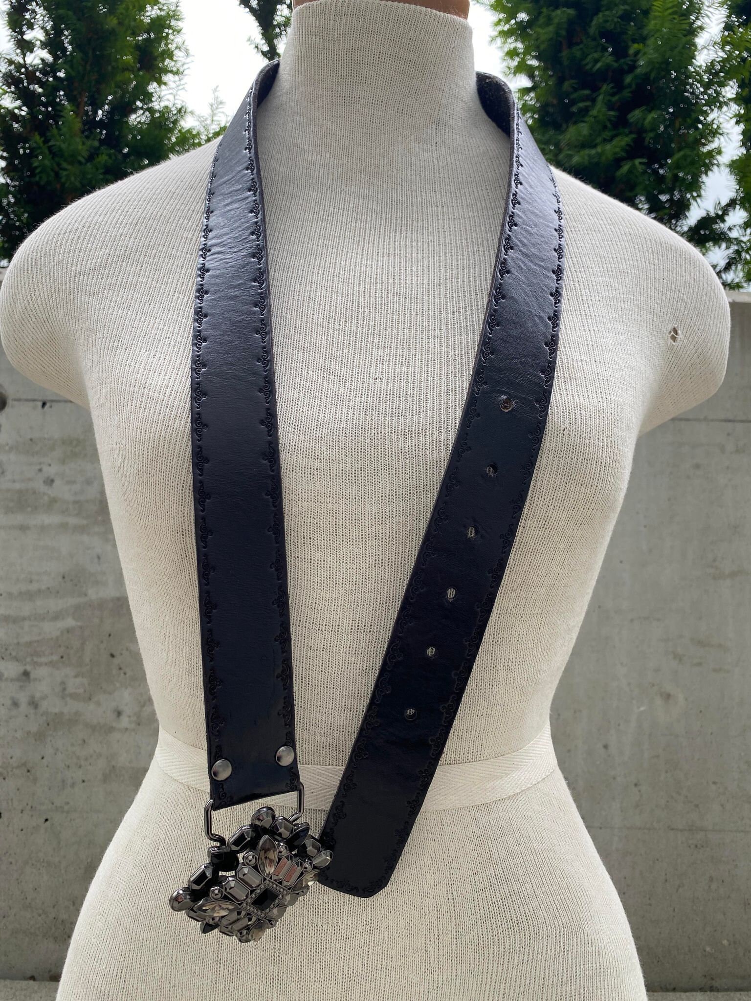 Fossil Black Leather Western Rhinestone Engraved Belt Large Buy Black Croc Western Rhinestone Belt - Capo Pelle - Made  main image 3