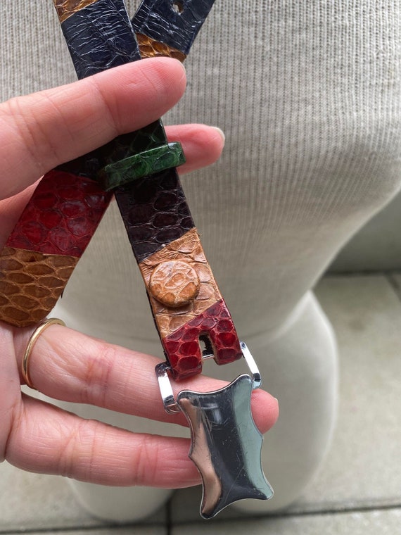 1980s Multicolored Snakeskin Belt, Vintage Patchwork Leather  display picture 1