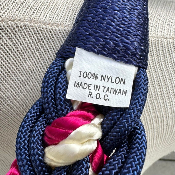 Vintage 80s Braided Rope Belt Passementerie M/L Pink Blue White Silver Nautical Nautical Blue and Cream Braided Rope Belt With Brown Leather  main image 4