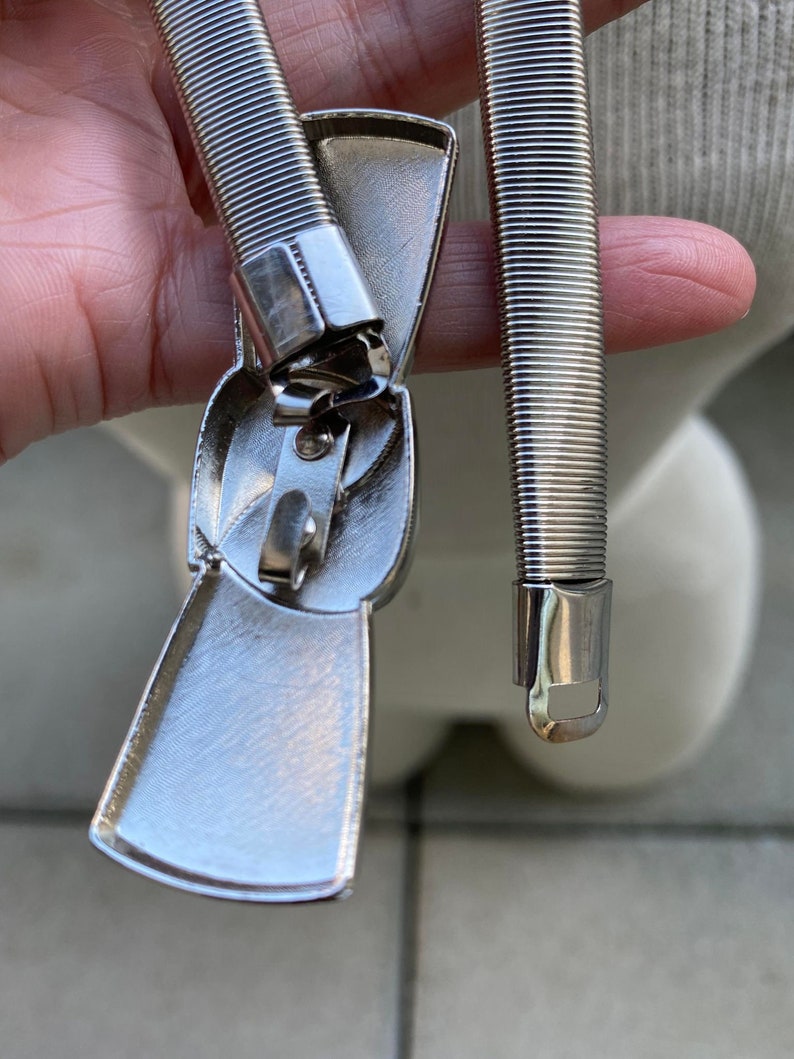 May include: A silver metal belt with a bow-shaped buckle. The buckle is closed and the belt is coiled.