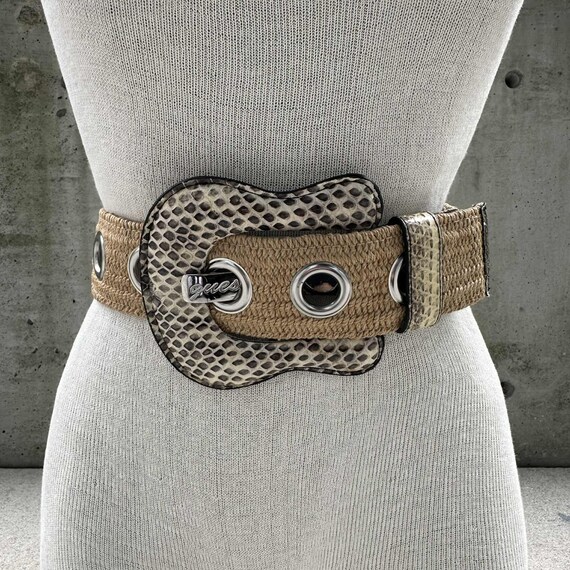 Y2K Guess Raffia and Snakeskin Stretch Belt, Genuine Snake 