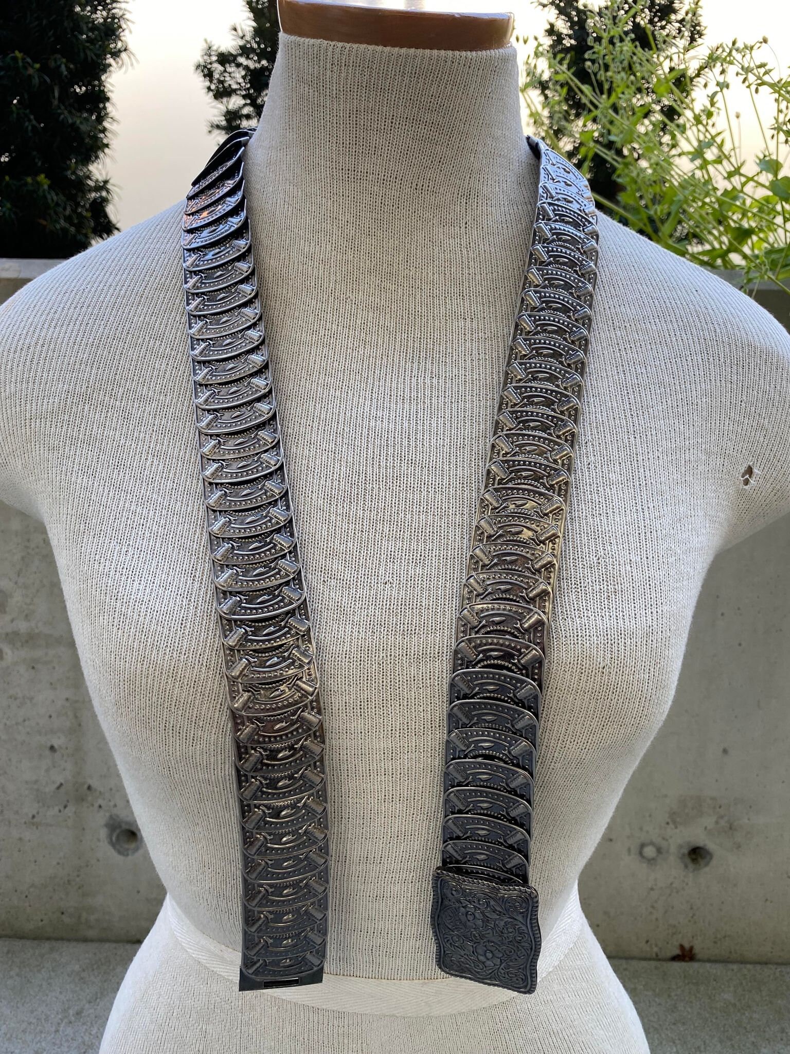 80s Silver Elasticated Ornate Metal Belt, Vintage Silver  display picture 2