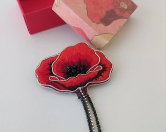 Red Poppy Brooch - Embroidered Poppy Brooch - Red Flower Jewelry - Gift for Her
