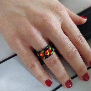 Beaded ring pattern - PDF Instant download - Black beaded ring - Peyote ring - Flower pattern - Ukrainian embroidery pattern