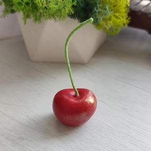 May include: A single, vibrant red cherry with a green stem. The cherry has a slight golden shimmer on its surface. In the background, a white geometric vase holds a mix of green and yellow moss.