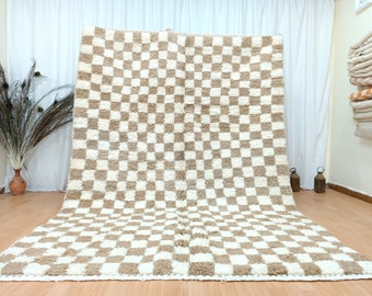 moroccan checkered rug, checkered morrocan rug, white and beige rug, checkered custom rug, beige checkered rug, wool and cotton handmade rug