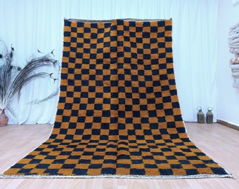 Tapis marocain fait main en laine à carreaux, orange et noir