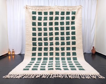 Wool Moroccan Rug - Ivory & Sage Green Berber Beni Ourain Carpet - Handmade Tribal Area Rug - Minimalist Boho Decor - Custom High Pile Shag